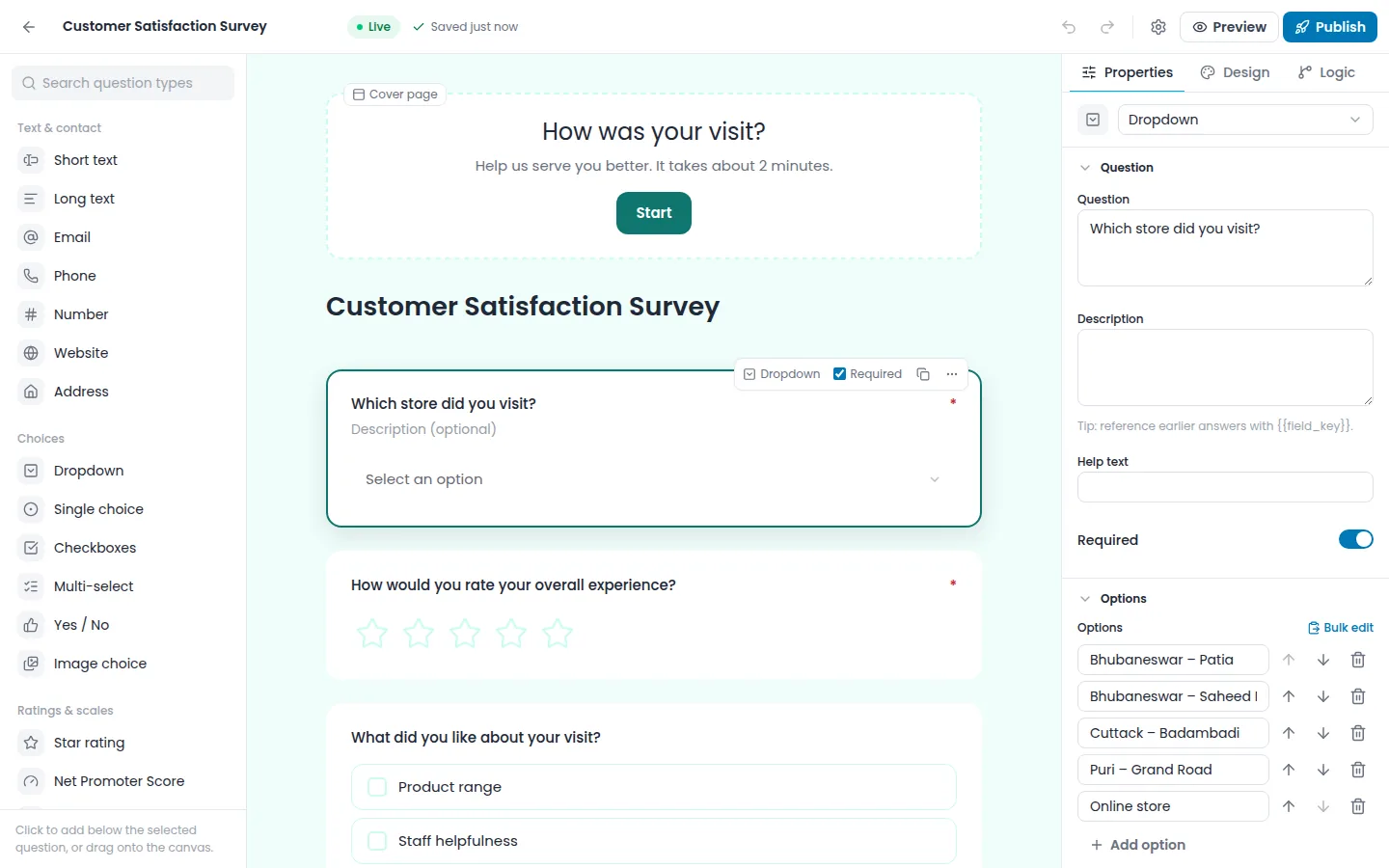 Airform builder with the question palette, form canvas and question settings
